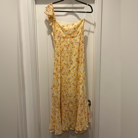 Ruffled One Shoulder Midi Dress, Yellow Floral - Picture 2 of 5